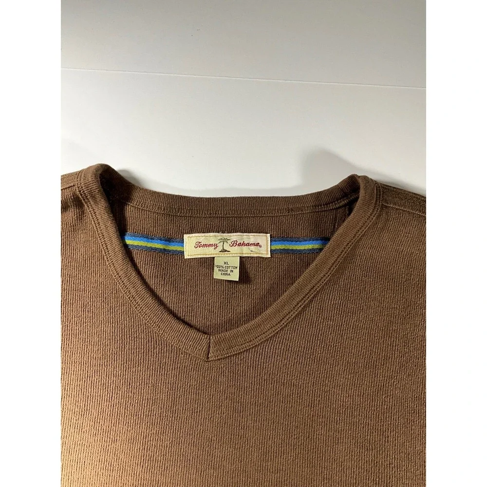 Tommy Bahama Mens XL Brown V-Neck Ribbed Cotton Long Sleeve Pullover Marlin Logo